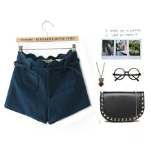 13秋冬新款女复古基本款高腰波浪口袋羊毛呢短裤有腰带D021