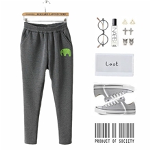 13女冬装新款简约加绒加厚动物图松紧腰哈伦运动休闲裤小脚裤D015