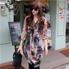 2013夏新款女装涂鸦印花七分袖雪纺衫衬衣