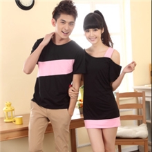 实拍）2013新款夏装韩版经典粉色斜肩裙情侣装