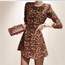新款韩版女装显瘦修身圆领豹纹冬款连衣裙