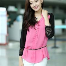 2013新款秋装长袖女装蕾丝拼接撞色宽松雪纺衬衣配腰带