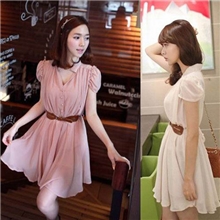 13韩版女装热销款小V领公主泡泡袖收腰甜美两件套连衣裙A287