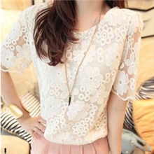复古清新脱俗名媛气质高雅勾花短袖全蕾丝衫(两码）批发