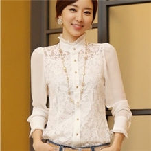 2013秋装新款长袖修身衬衣职业立领蕾丝雪纺衫送吊带批发