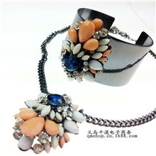 欧美shou*ouk彩虹女配色彩色宝石混搭水晶材质夸张短项链+手镯