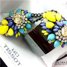 欧美shou*ouk彩虹女配色彩色宝石混搭水晶材质夸张短项链+手镯