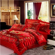 家纺品牌馆蕾丝花边中国风婚庆绸缎四件套龙凤鸳鸯牡丹红