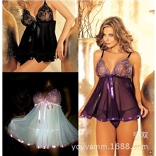 外贸批发性感吊带胸部双色花边情趣睡裙5码数6537黑白紫